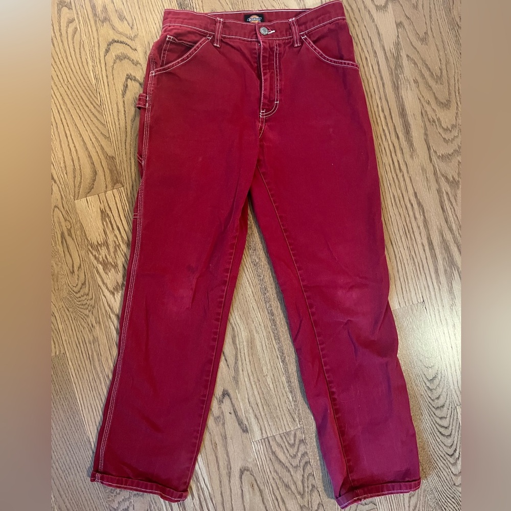 Dickies Bold Red Pants with White Stitching